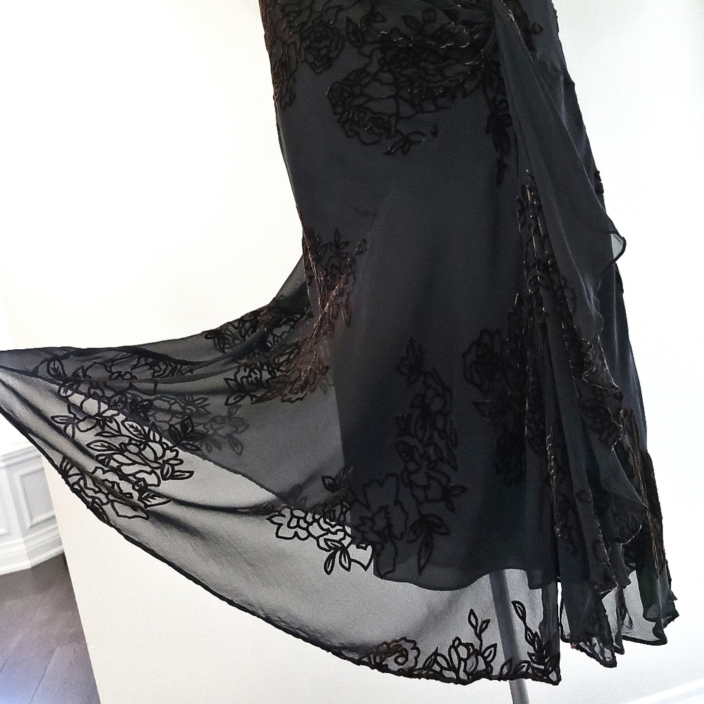 Vintage Y2K Silk Romantic Dark Floral Velvet Burnout Midi Dress - Picture 8 of 11